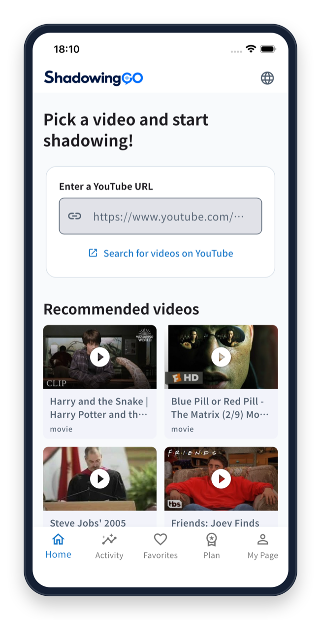 Home screen — pick a video and start shadowing